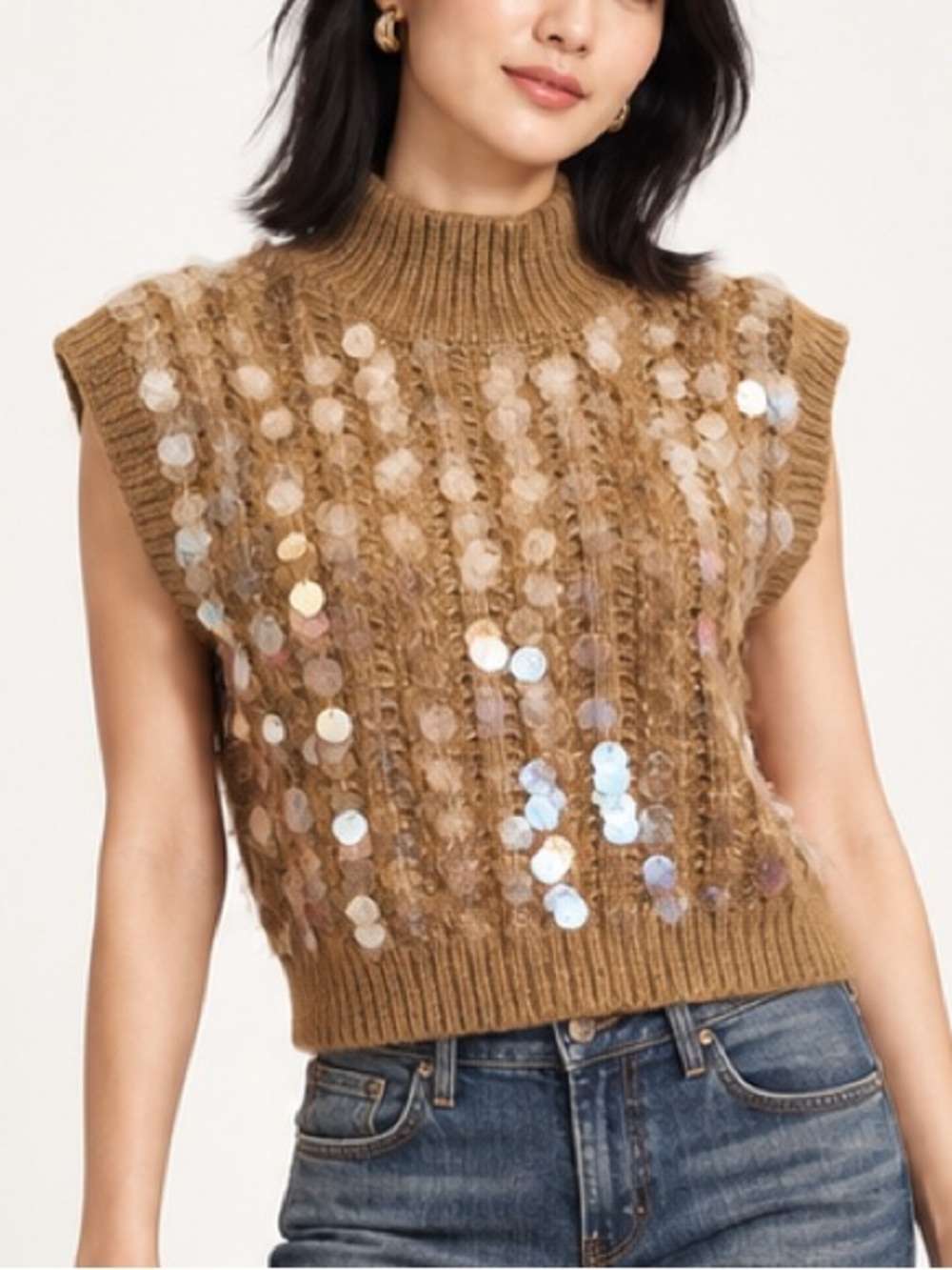 Zara Sequin Knit Waistcoat Vest Caramel Sleeveless High Collar Vest Small